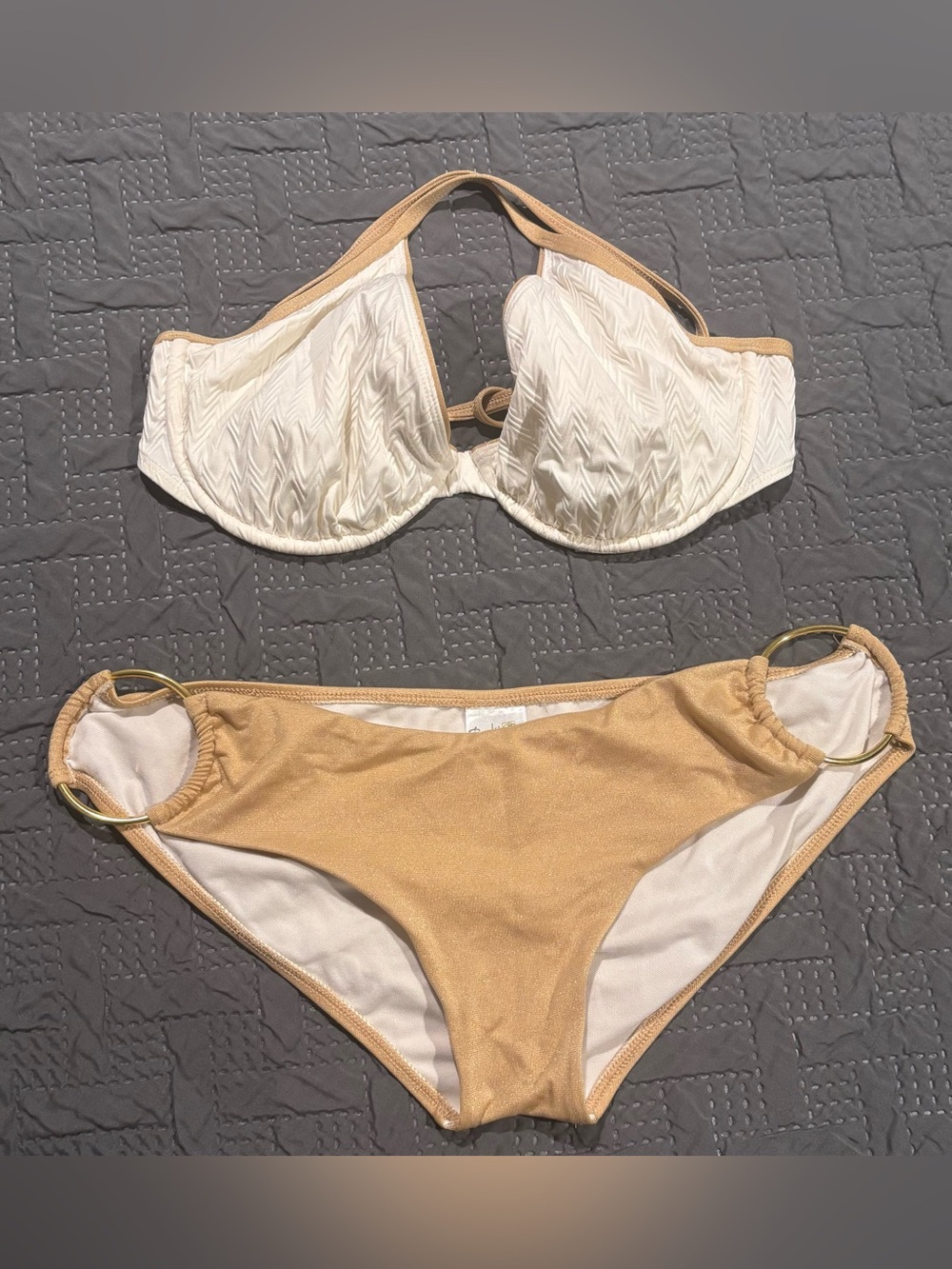 Body Glove Cream and Gold Two-Piece Bikini Set with Gold Rings